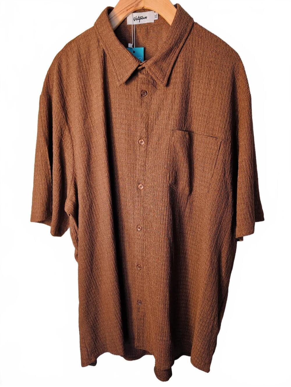 Vatpave Mens Brown Textured Short Sleeve Button Up Shirt Size XL Casual New